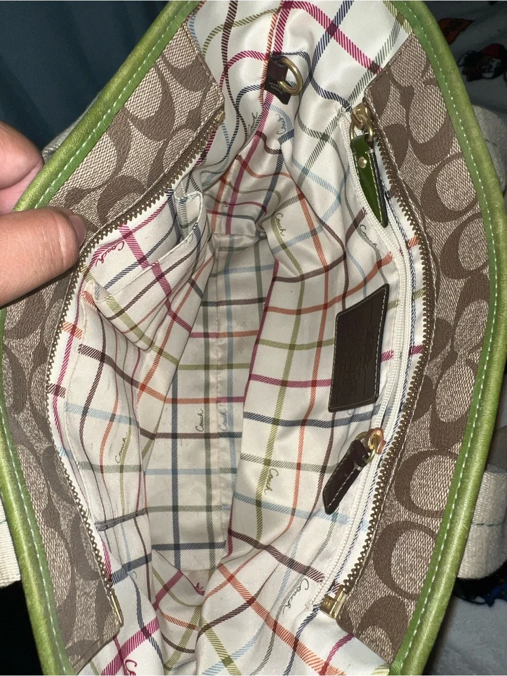 Vintage Coach Beige Signature Canvas Shoulder Bag with Green Trim